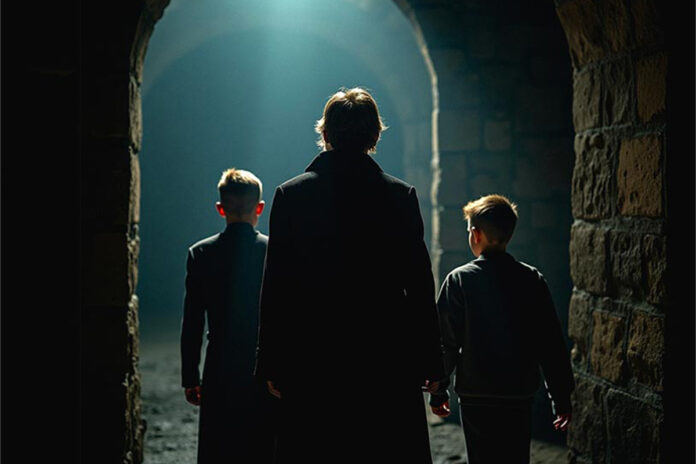 Drei junge Menschen gehen in einen unterirdischen Raum