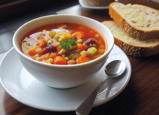 Wurzelgemüse-Eintopf Wurzelgemüse Eintopf in einem Suppenteller mit zwei Scheiben Brot