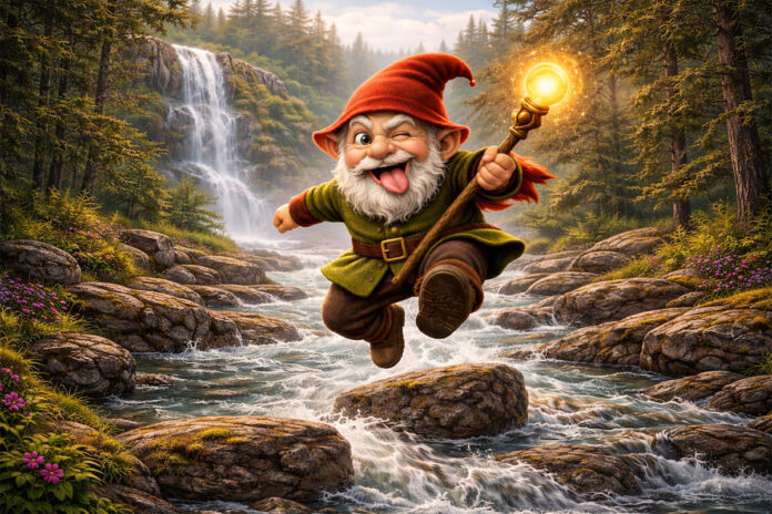 Gewinnspiel Peppino und der Regenbogenkristall Ein Gnom läuft durch en Flussbett im Wald